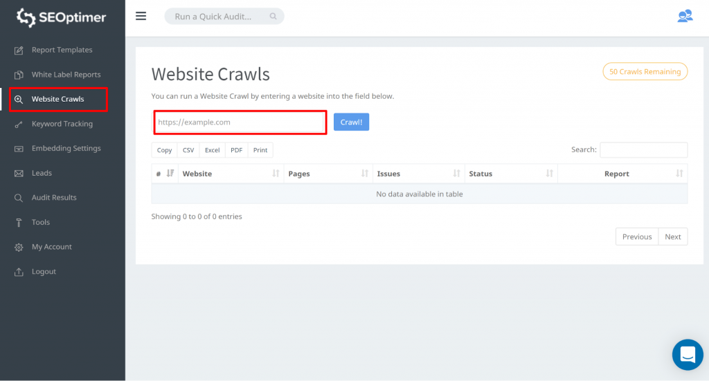 voer je website-URL in en klik op "crawl" seoptimer tool